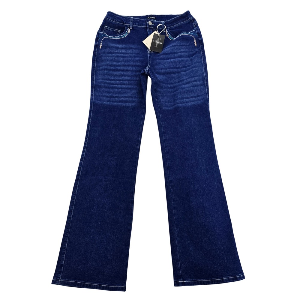 Flamingals Womens High Rise Flare Jeans Dark Wash Embroidered Pockets Size L NWT